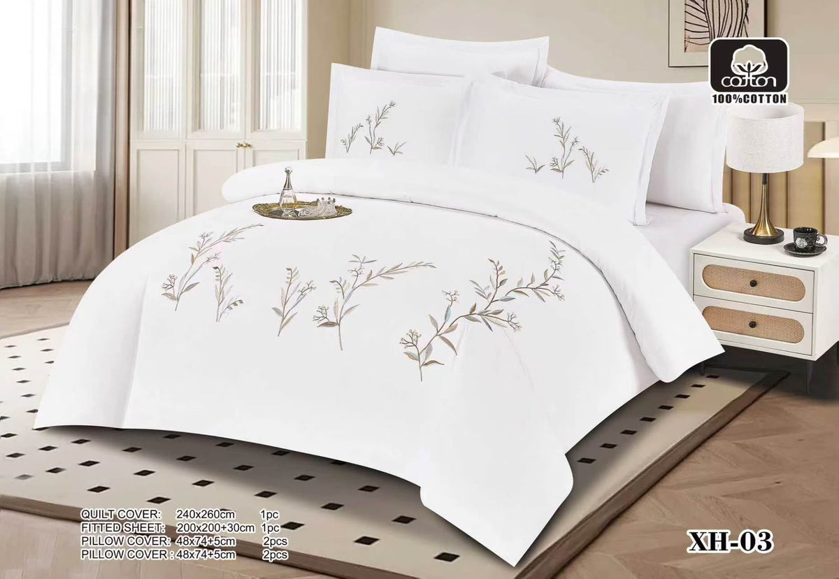 Luxury Embroidered Cotton Duvet Cover Set – Super King 260x240 – White Pastel Botanical Branch (XH-03)
