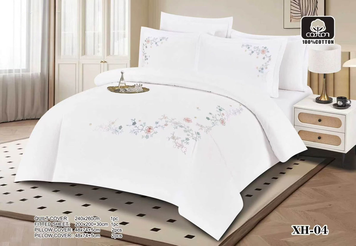 Luxury Embroidered Cotton Duvet Cover Set – Super King 260x240 – White Pink Floral Vine (XH-04)