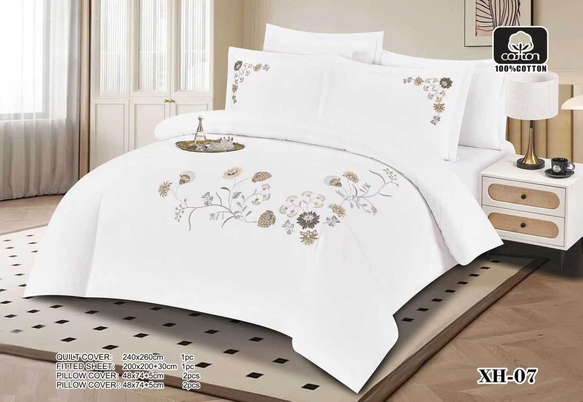 Luxury Embroidered Cotton Duvet Cover Set – Super King 260x240 – White Wildflower Garland (XH-07)