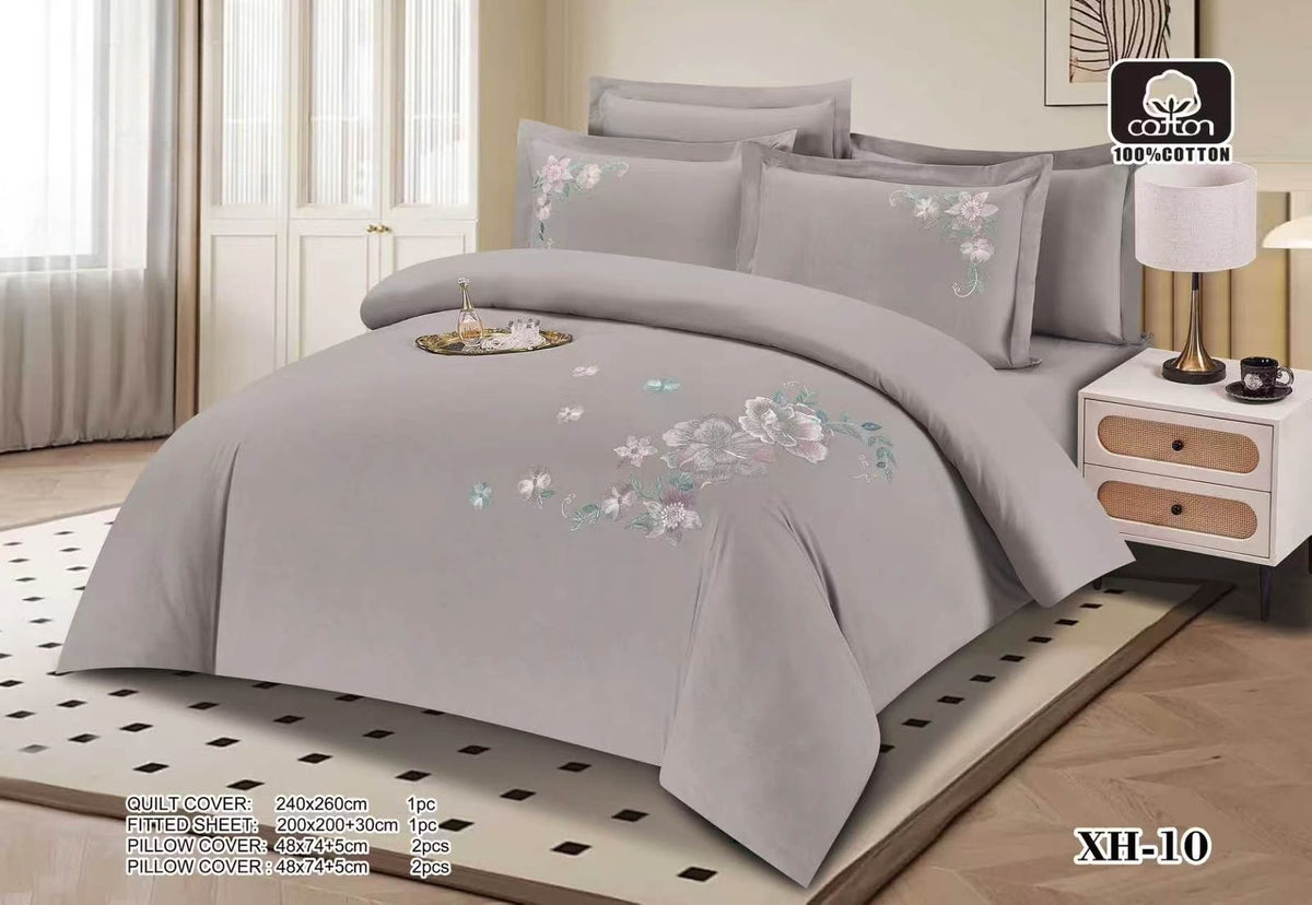 Luxury Embroidered Cotton Duvet Cover Set – Super King 260x240 – Taupe Grey Pastel Wildflower Spray (XH-10)