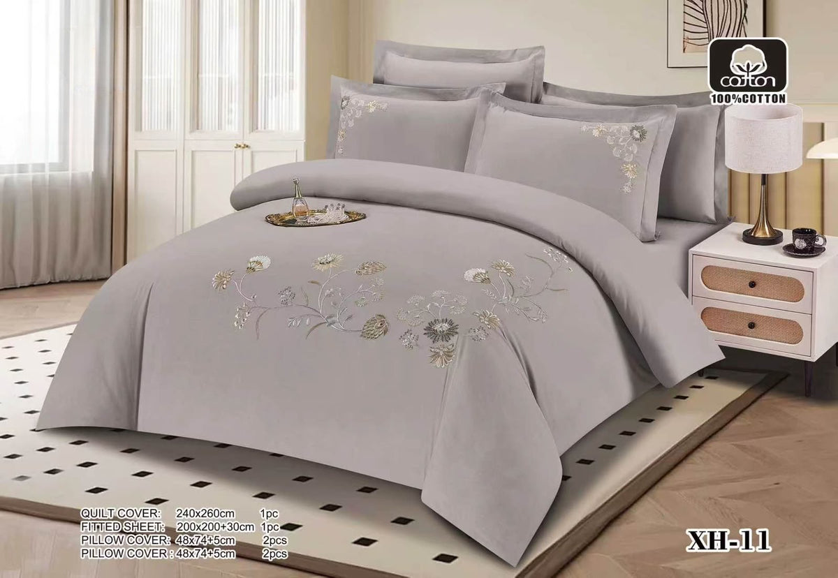 Luxury Embroidered Cotton Duvet Cover Set – Super King 260x240 – Silver Grey Cream & Gold Floral (XH-11)