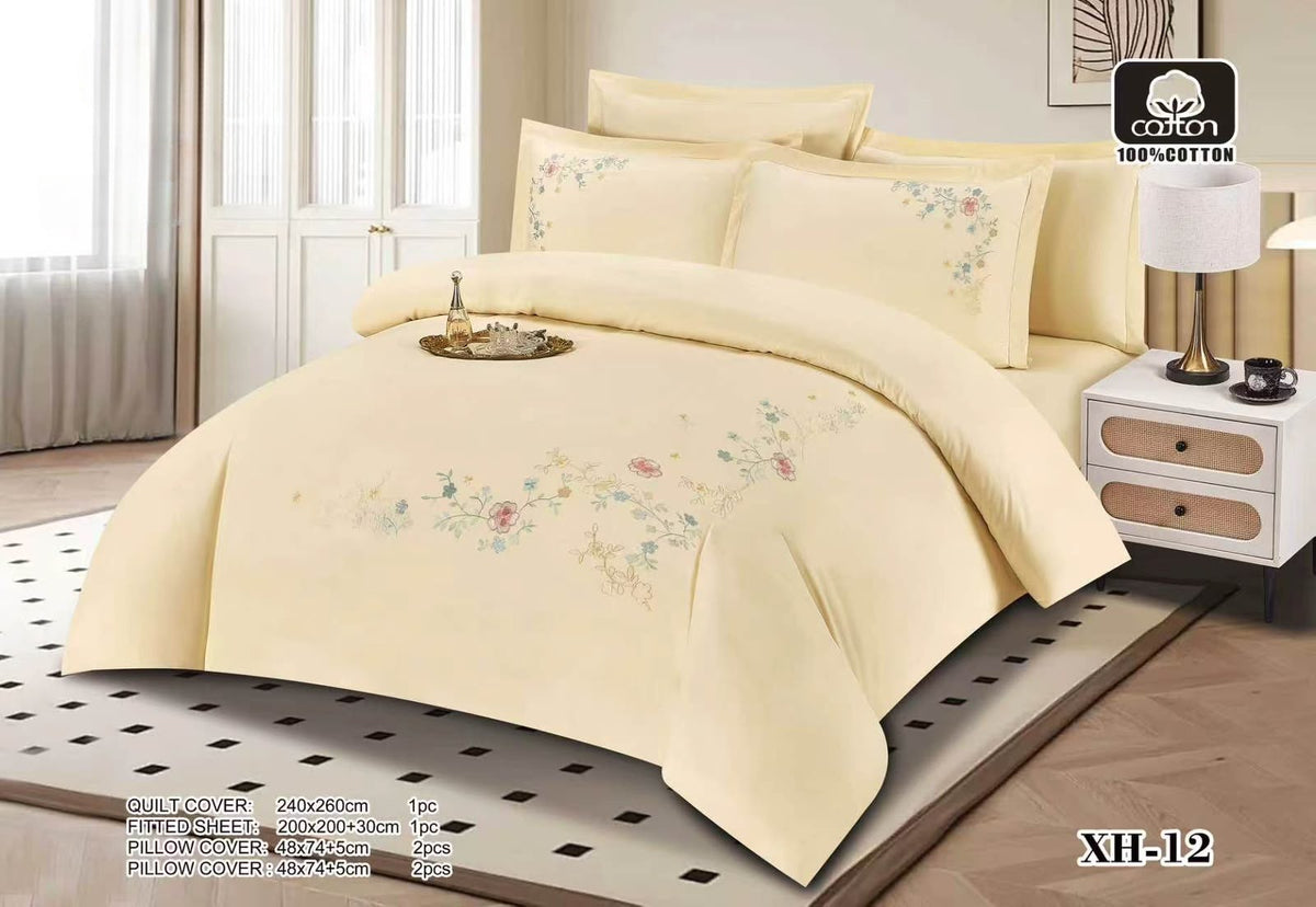 Luxury Embroidered Cotton Duvet Cover Set – Super King 260x240 – Cream Pastel Floral Sprig (XH-12)