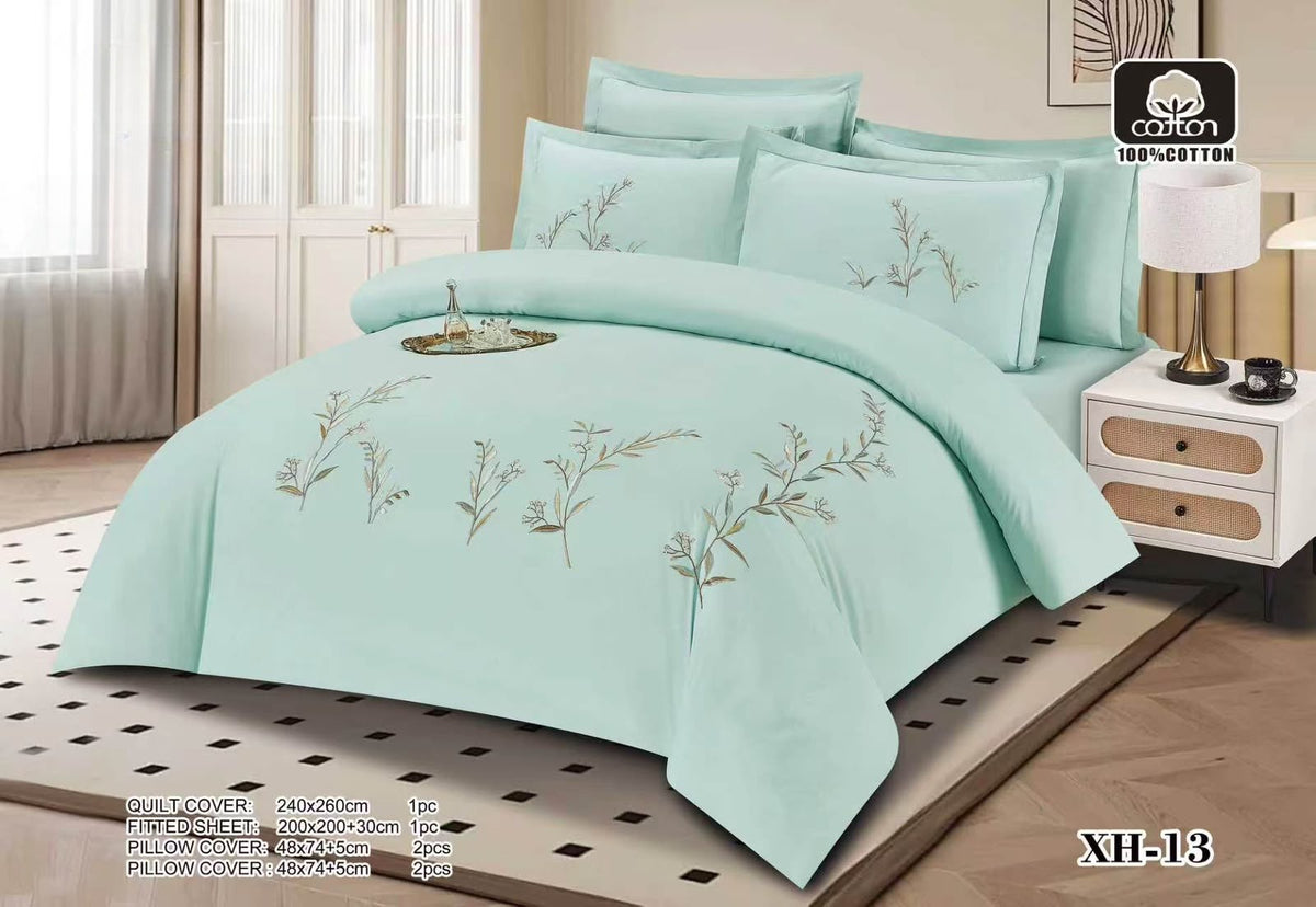 Luxury Embroidered Cotton Duvet Cover Set – Super King 260x240 – Mint Aqua Botanical Leaf Vine (XH-13)