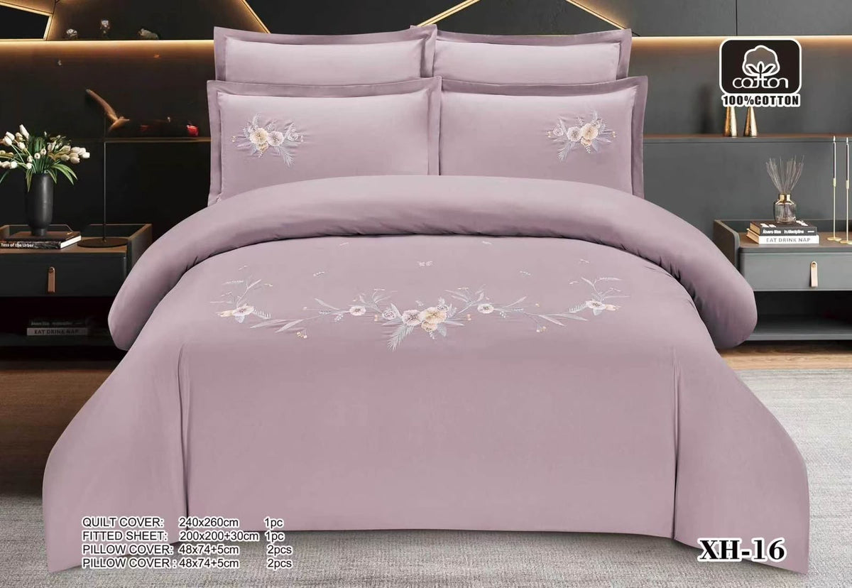 Luxury Embroidered Cotton Duvet Cover Set – Super King 260x240 – Dusty Mauve Cream Floral Vine (XH-16)