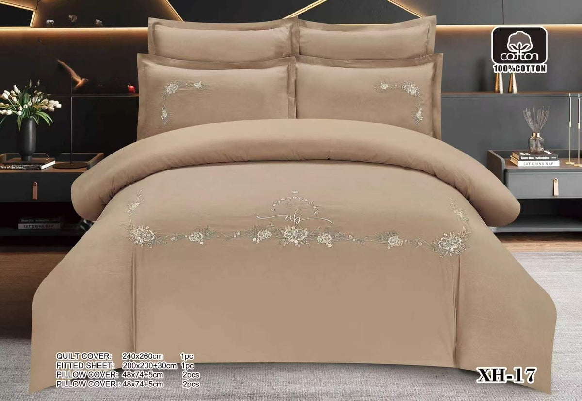 Luxury Embroidered Cotton Duvet Cover Set – Super King 260x240 – Camel Beige White Rose Garland (XH-17)