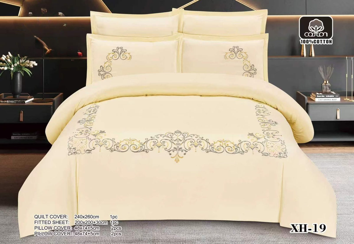 Luxury Embroidered Cotton Duvet Cover Set – Super King 260x240 – Cream Gold Baroque (XH-19)