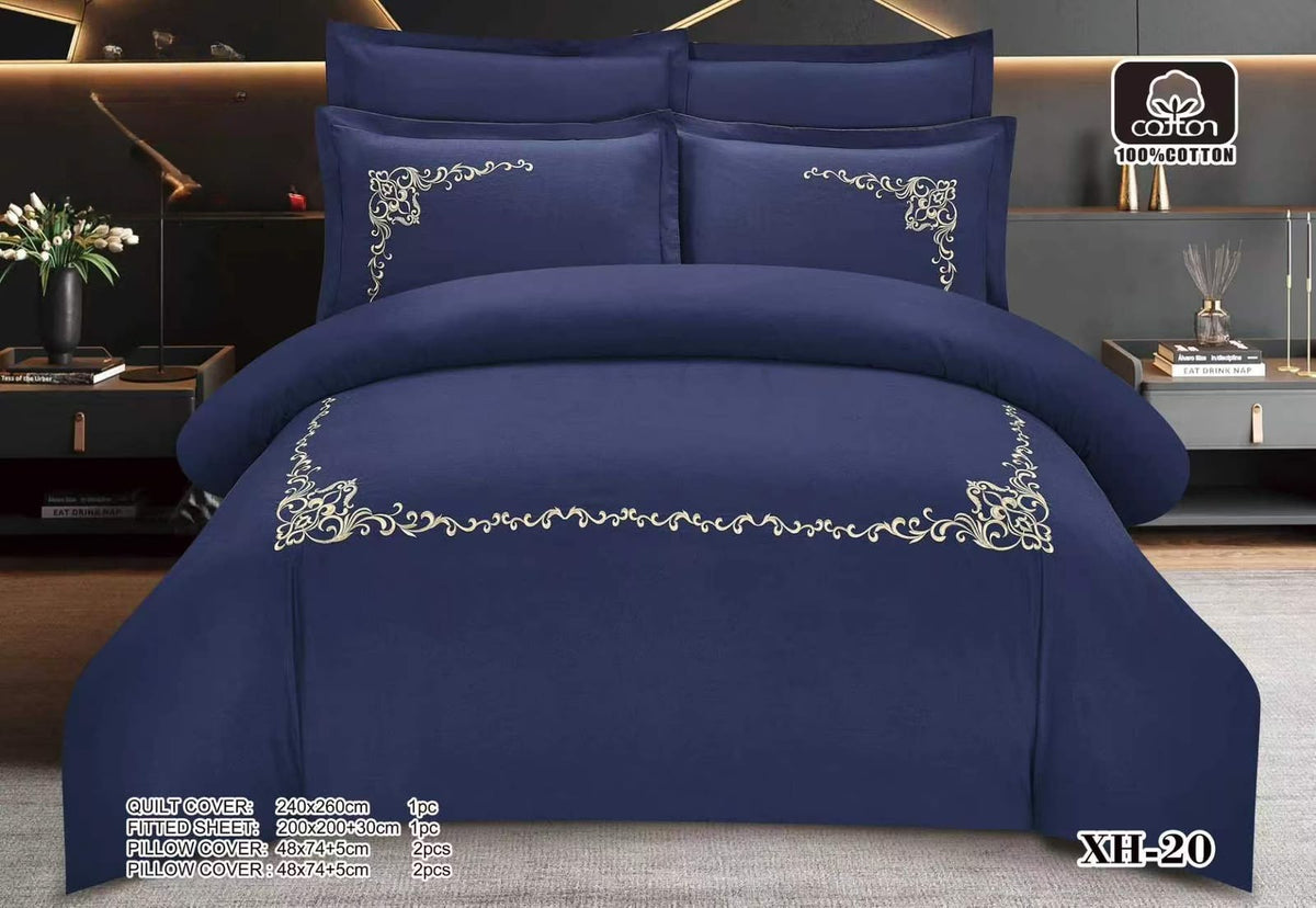 Luxury Embroidered Cotton Duvet Cover Set – Super King 260x240 – Navy Blue Gold Baroque Scroll (XH-20)