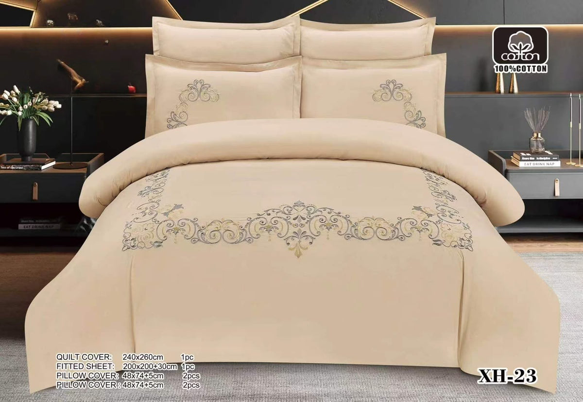 Luxury Embroidered Cotton Duvet Cover Set – Super King 260x240 – Beige Gold Baroque (XH-23)