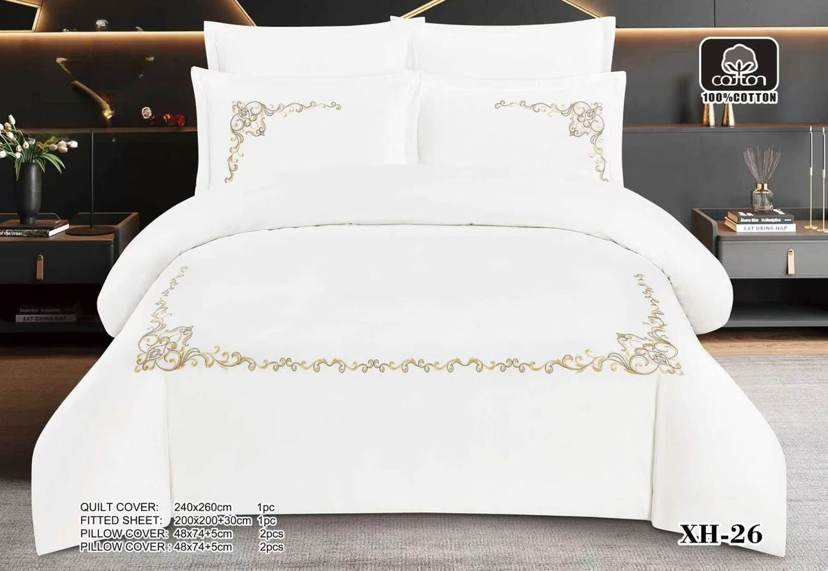 Luxury Embroidered Cotton Duvet Cover Set – Super King 260x240 – White Gold Baroque (XH-26)