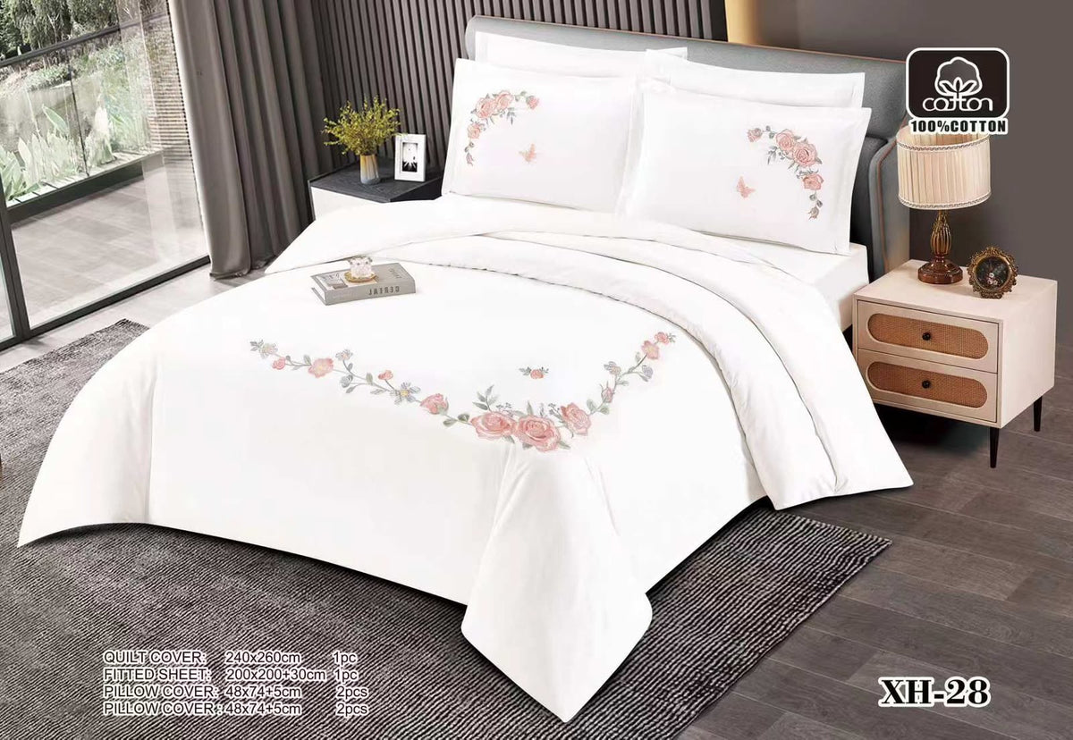 Luxury Embroidered Cotton Duvet Cover Set – Super King 260x240 – White Pink Rose Garland (XH-28)