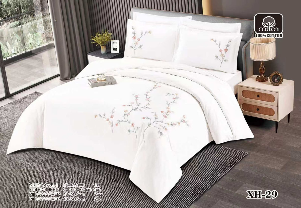 Luxury Embroidered Cotton Duvet Cover Set – Super King 260x240 – White Pastel Floral Vine (XH-29)
