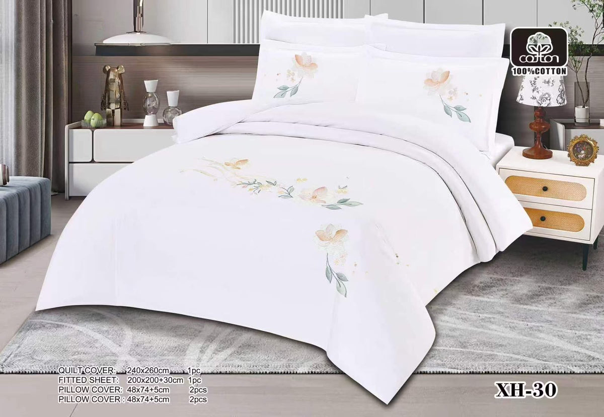 Luxury Embroidered Cotton Duvet Cover Set – Super King 260x240 – White Yellow & Peach Floral (XH-30)