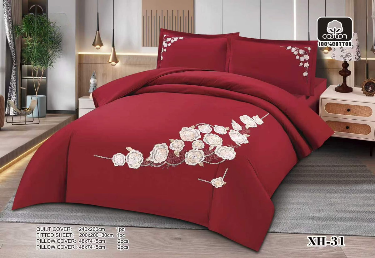 Luxury Embroidered Cotton Duvet Cover Set – Super King 260x240 – Crimson Red White Rose Cascade (XH-31)