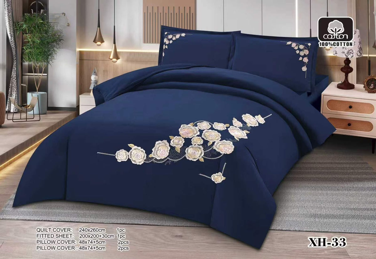 Luxury Embroidered Cotton Duvet Cover Set – Super King 260x240 – Navy Blue White Rose Cascade (XH-33)