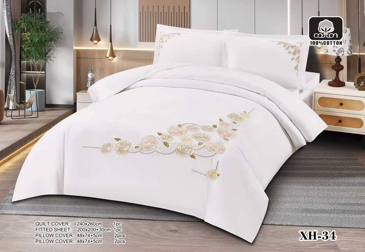 Luxury Embroidered Cotton Duvet Cover Set – Super King 260x240 – White Cream & Gold Rose (XH-34)
