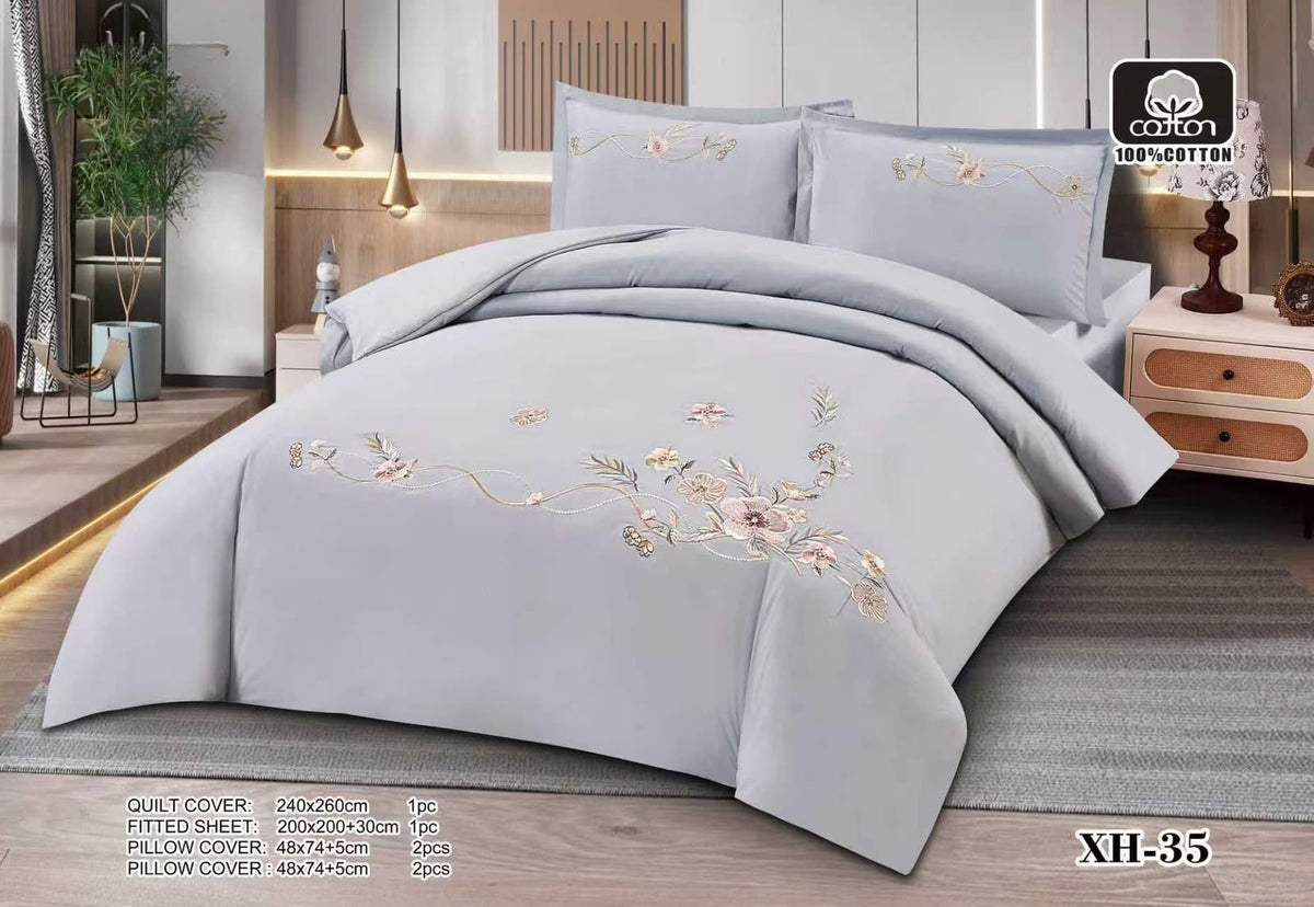 Luxury Embroidered Cotton Duvet Cover Set – Super King 260x240 – Silver Blue Pastel Floral Spray (XH-35)