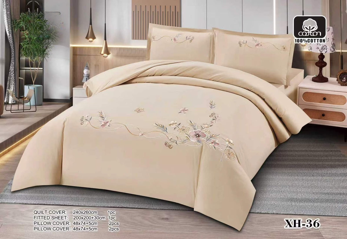 Luxury Embroidered Cotton Duvet Cover Set – Super King 260x240 – Beige Floral Branch (XH-36)