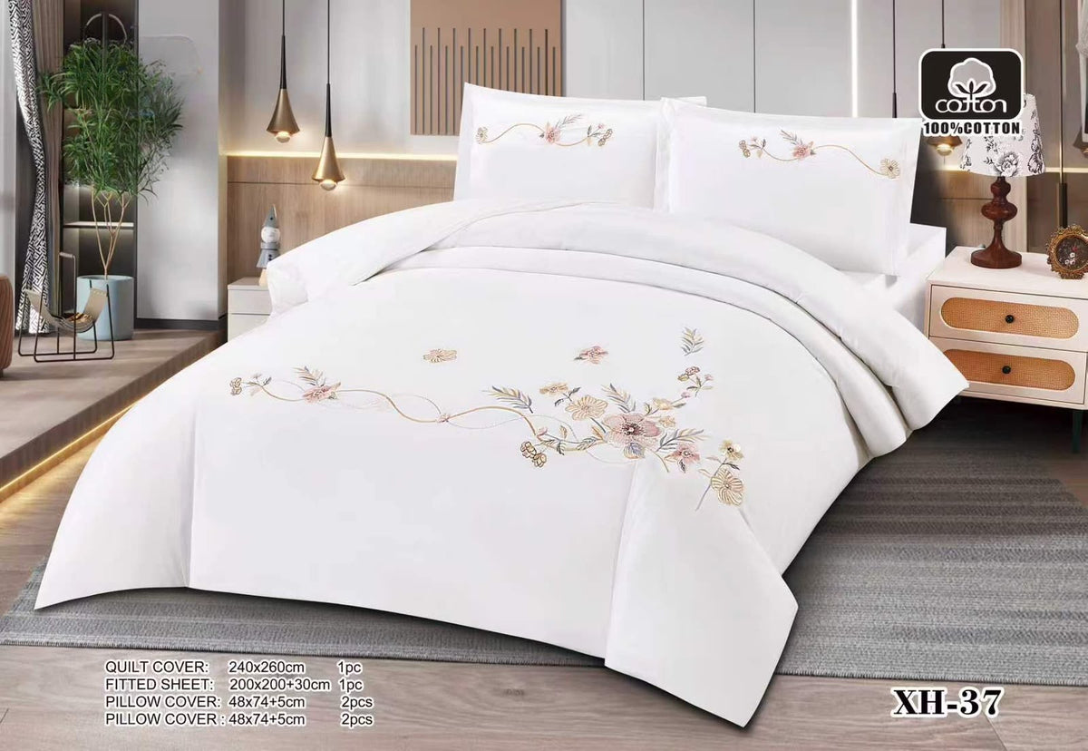 Luxury Embroidered Cotton Duvet Cover Set – Super King 260x240 – White Peach Floral Garland (XH-37)