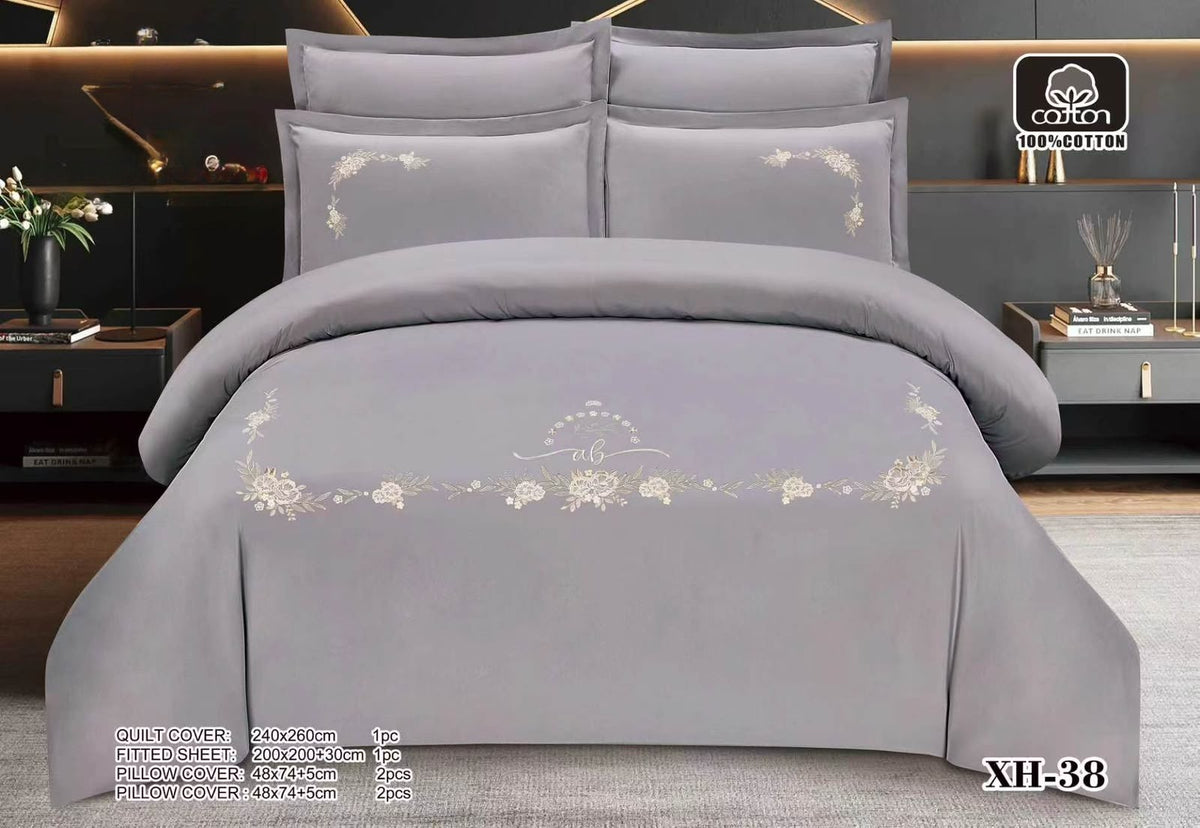 Luxury Embroidered Cotton Duvet Cover Set – Super King 260x240 – Grey Cream & Gold Floral Scroll (XH-38)