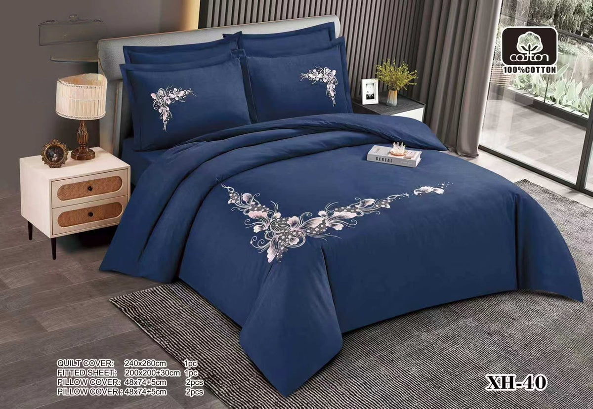 Luxury Embroidered Cotton Duvet Cover Set – Super King 260x240 – Navy Blue Pink & Silver Floral Swirl (XH-40)
