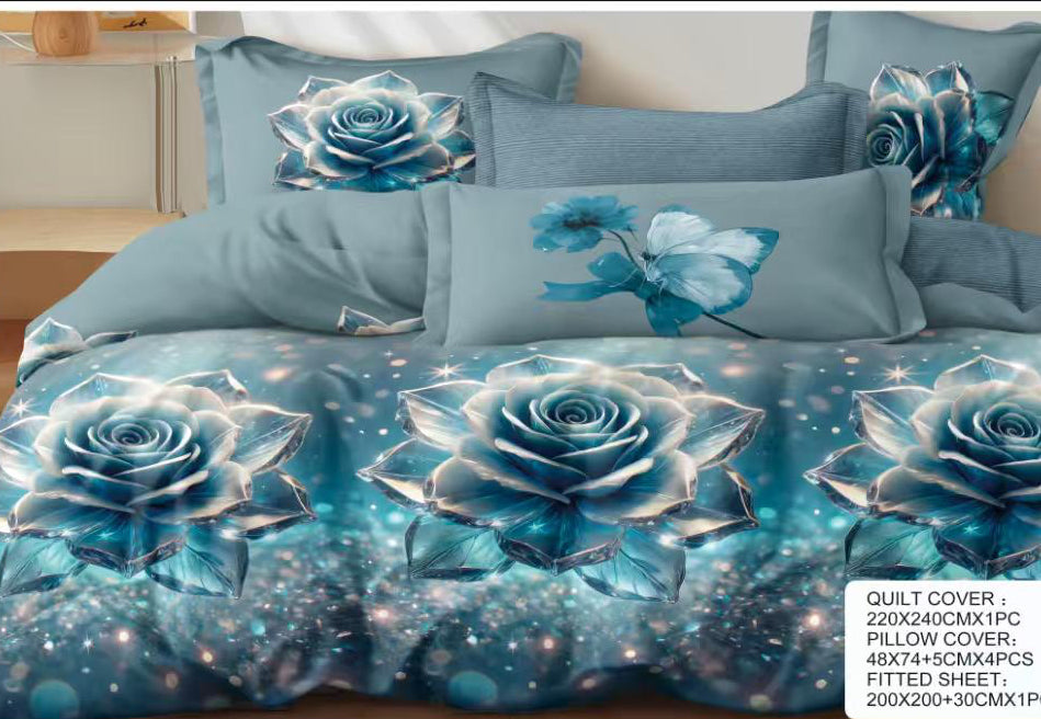 Teal Crystal Rose Cotton Bedsheet Set – 6 Piece