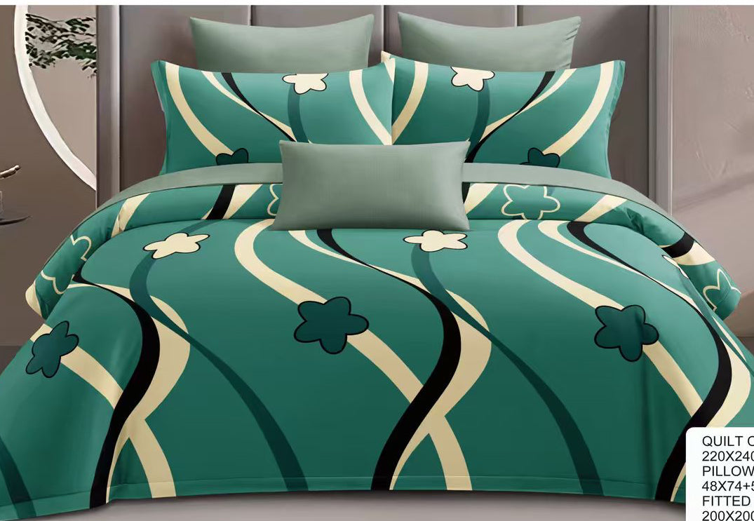Teal Geometric Floral Cotton Bedsheet Set – 6 Piece