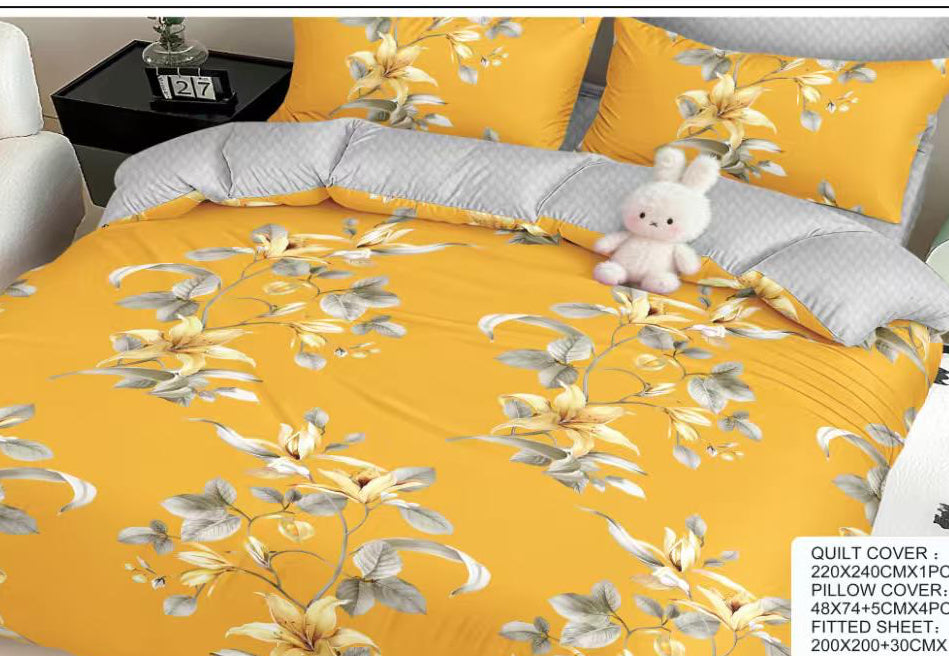 Yellow Floral Cotton Bedsheet Set – 6 Piece