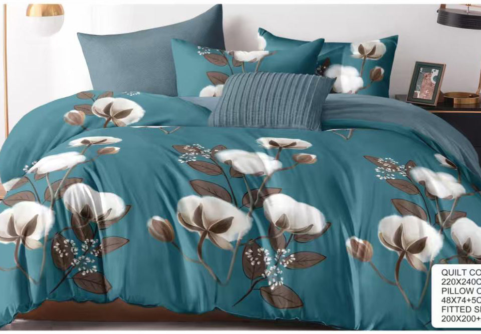 Teal Cotton Boll Floral Cotton Bedsheet Set – 6 Piece
