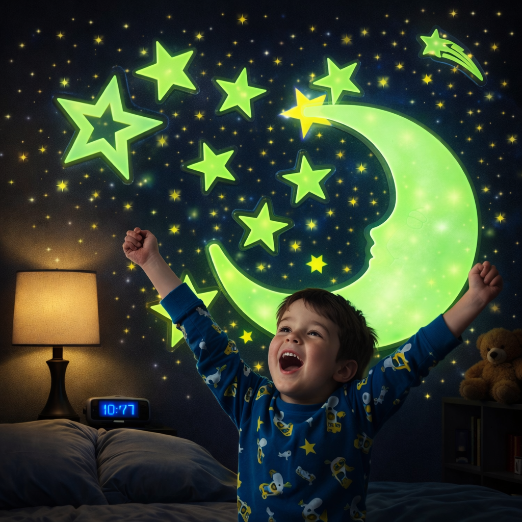 Glow in the Dark Moon & Stars Wall Stickers – Kids Bedroom Night Decor