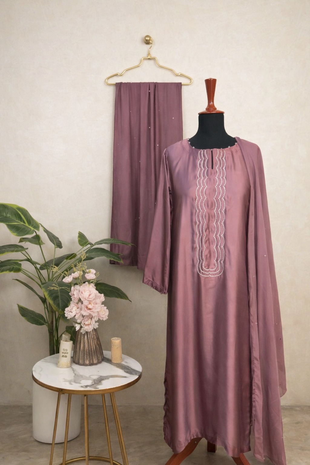 Royal Satin Pearl-Embellished 3PC Kaftan Set – Pure Russian Silk with Chiffon Dupatta (5 Colors)
