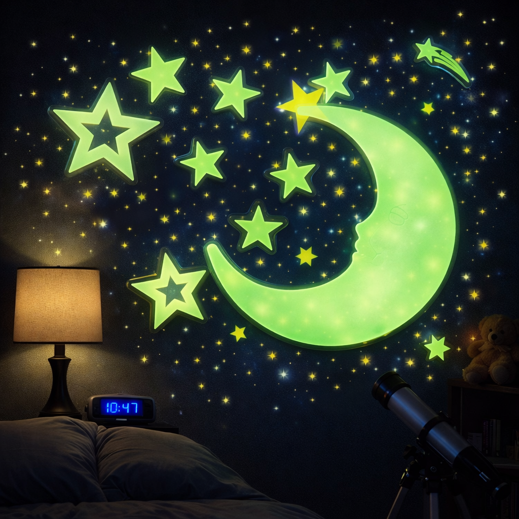 Glow in the Dark Moon & Stars Wall Stickers – Kids Bedroom Night Decor