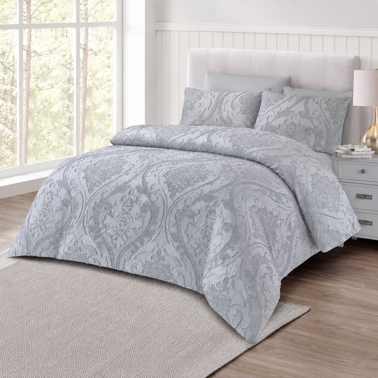 Elegant Silver Gray Paisley Jacquard Duvet Cover Set – Modern Luxury Bedding
