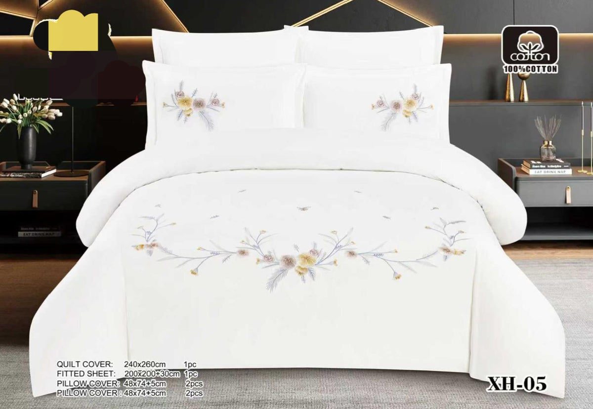 Luxury Super King 6-Piece White Cotton Quilt Cover Set with Floral Embroidery | 240x260 cm Duvet + Fitted Sheet + 4 Pillowcases (XH-03/XH-04/XH-05) (design)