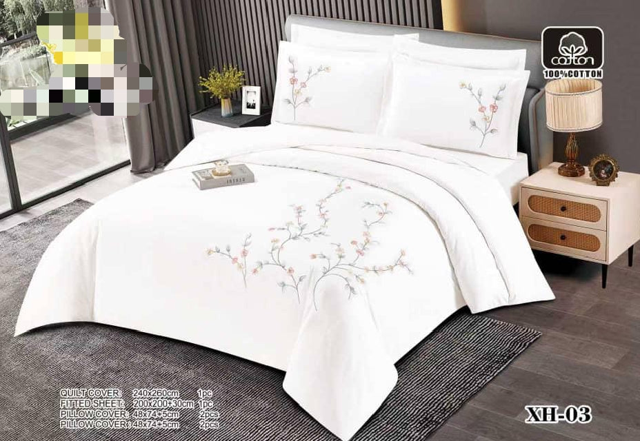 Luxury Super King 6-Piece White Cotton Quilt Cover Set with Floral Embroidery | 240x260 cm Duvet + Fitted Sheet + 4 Pillowcases (XH-03/XH-04/XH-05)