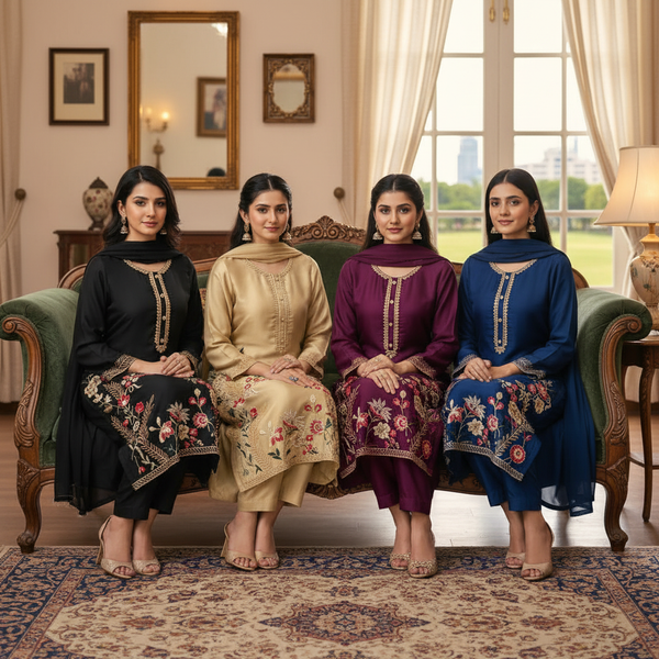 China Silk Heavy Embroidery Stitched 3 Piece Suit with Chiffon Dupatta