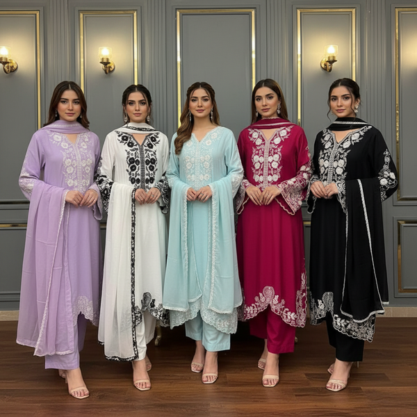 Aghanoor Rawsilk Embroidered Cutwork Kaftan with Handwork | Half Slit Open 3 Piece Suit